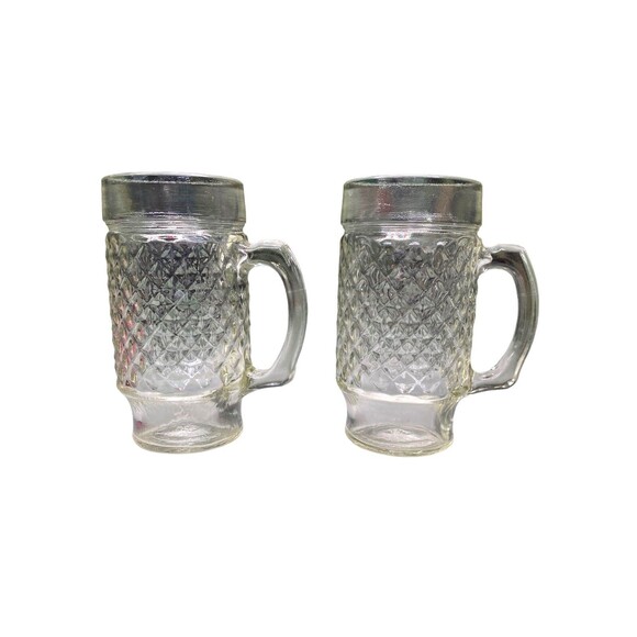 Vintage Anchor Hocking Diamond Cut Glass Beer Mugs - Set Of 2 - 1960's - MCM - Picture 4 of 9
